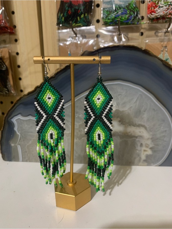 Handmade Jewelry - Green Beaded Fringe Earrings with Geometric Pattern
